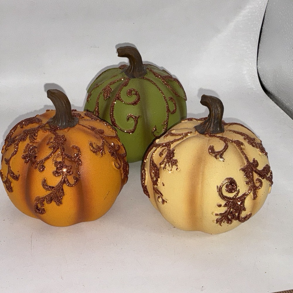 Set Of 3 Pumpkins With Glitter Vines Yellow Orange Green 3.5"